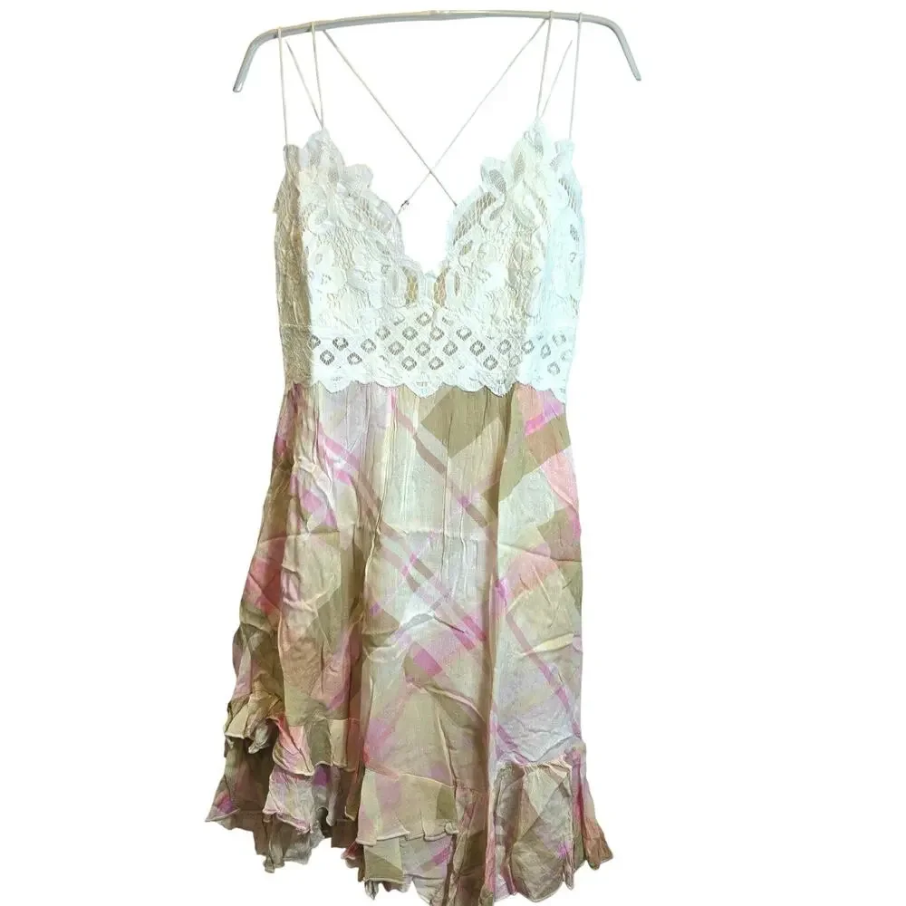 FP Intimately Free People Adella Mini Slip Dress Sz Large Pink Plaid Ruffle $98 - Picture 4 of 16